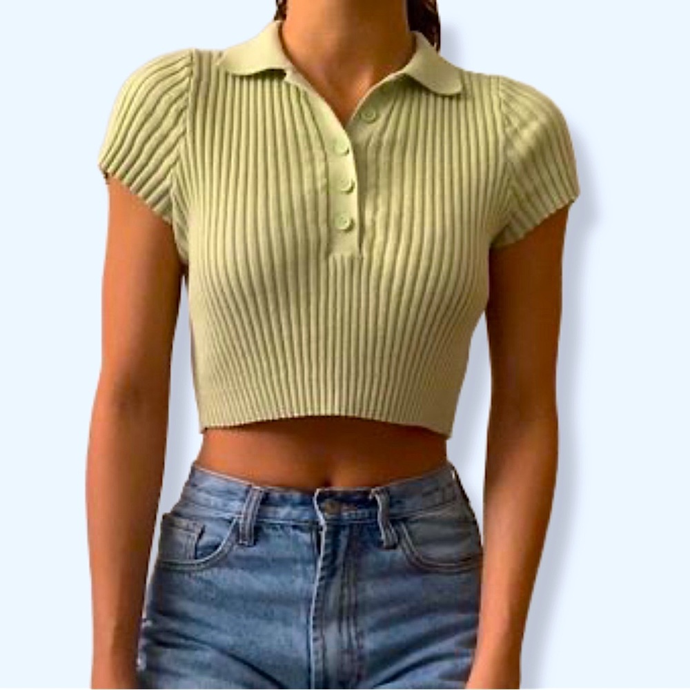 Brandy Melville Light Green Bridget Knit Collared Crop Top - Size S